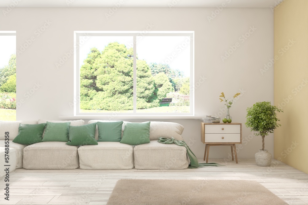 White living room with sofa and summer landscape in window. Scandinavian interior design. 3D illustr