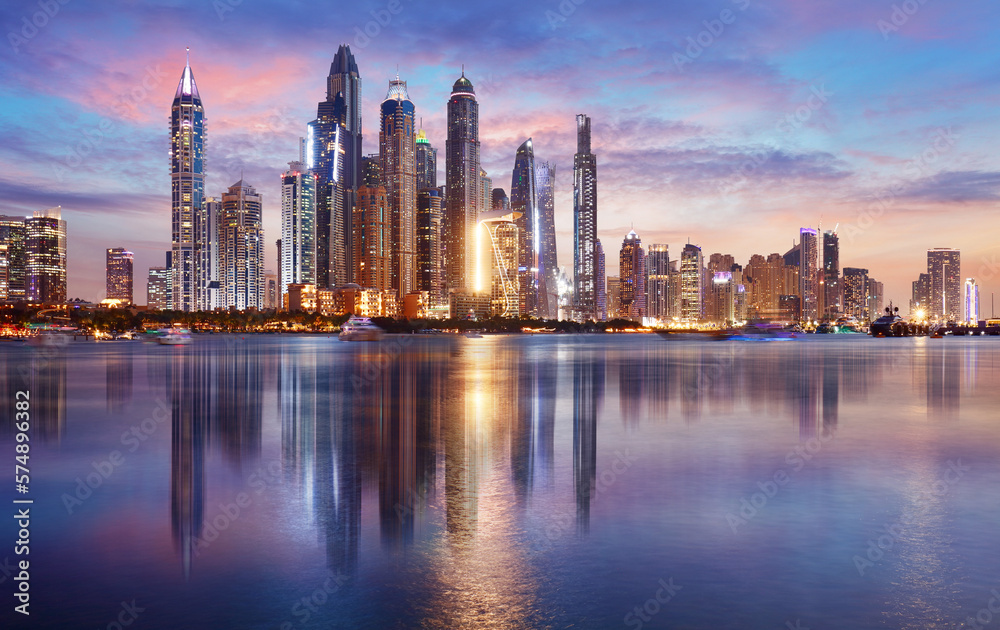 Dubai panorama skyline at dramatic sunset in Marina, United Arab Emirates