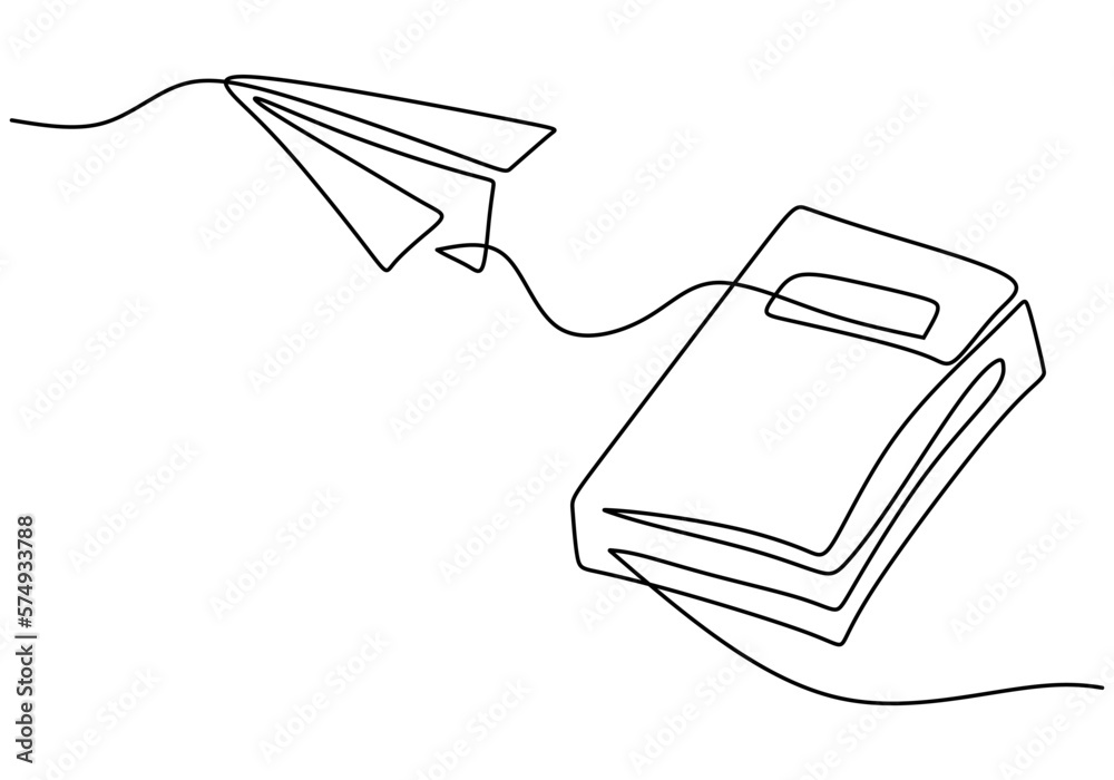 Hand drawing one single continuous line of book and paper plane isolated on white background.