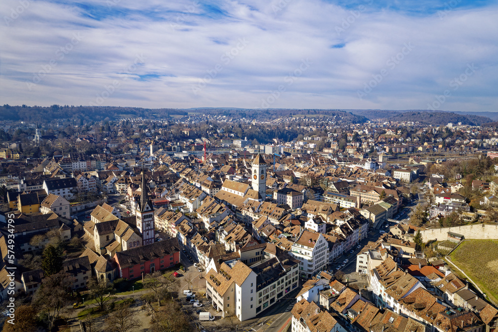 Aerial view of City of Schaffhausen with the old town in the foreground on a blue cloudy winter day.