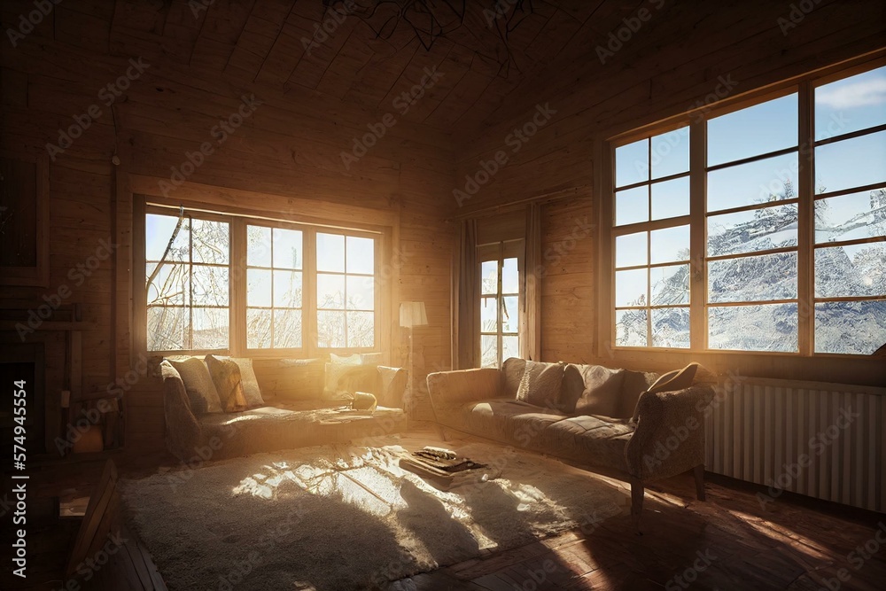 The interior of a living room of a rural house located in Jaén. Wooden cabin, winter vacation concep