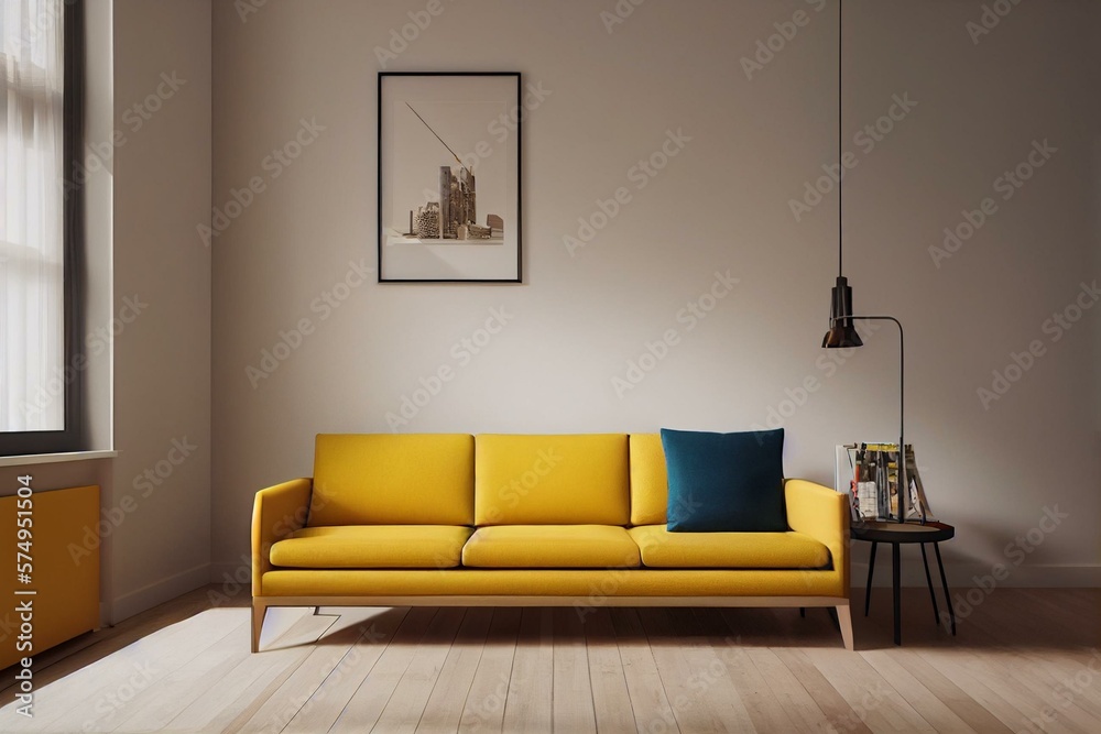 Beautiful modern room interior. bright and tidy style. A sofa next to a huge window with a wall in t