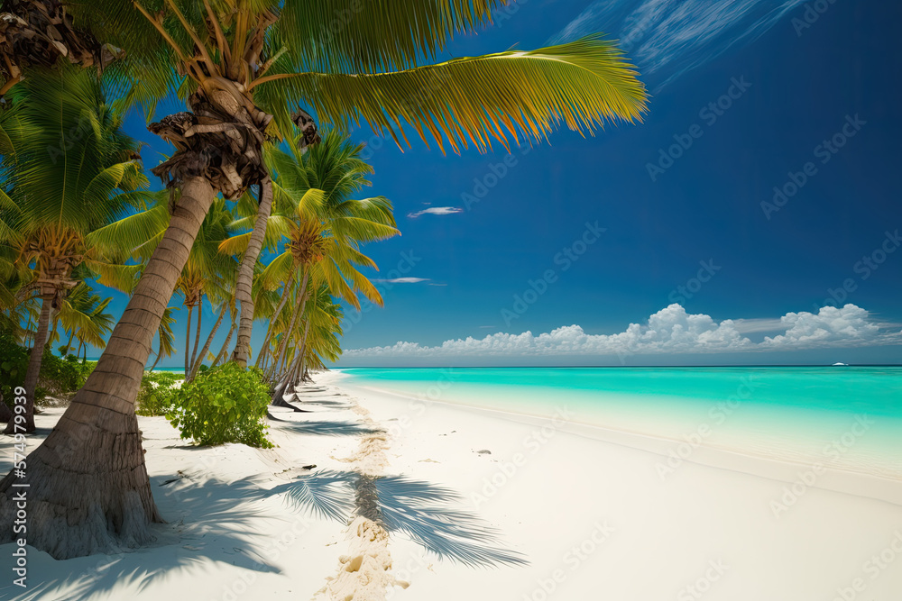 Sandy tropical beach; island palm tree, Maldives, background, wallpaper, generative AI