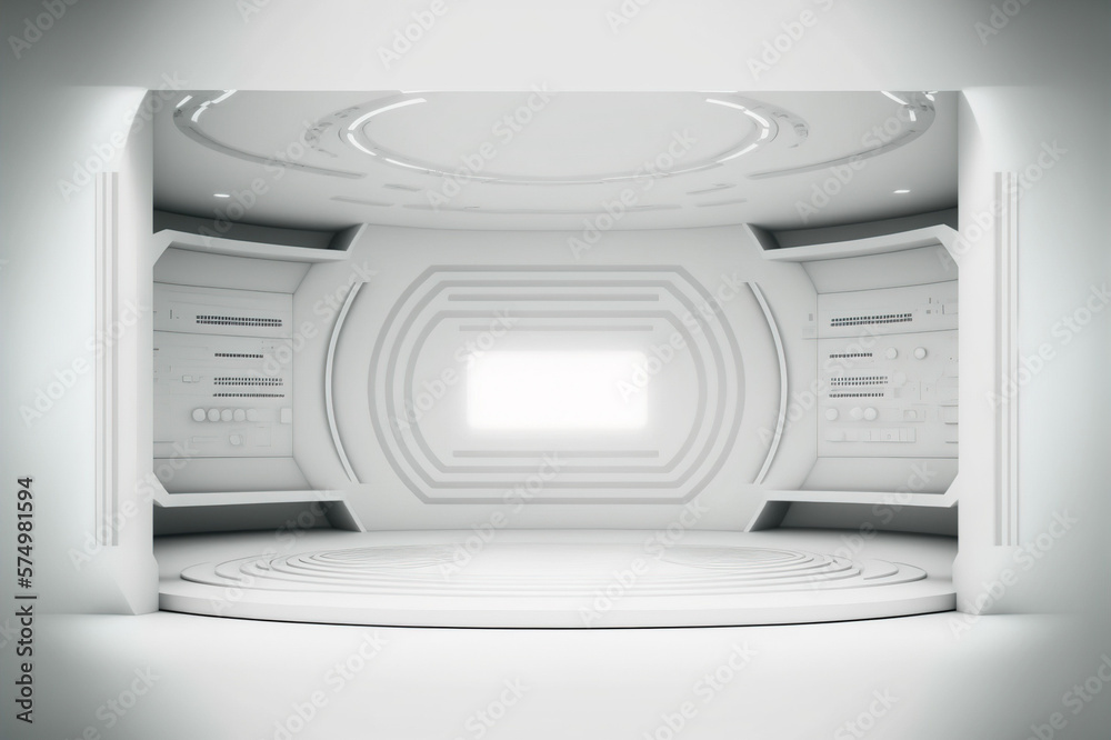 Futuristic stage in a spaceship showroom floor with copy space for product display mock up . White c