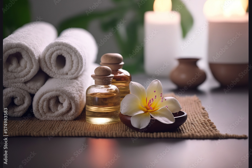 AI Generative image, spa accessory composition set in spa hotel , beauty wellness center . Spa produ