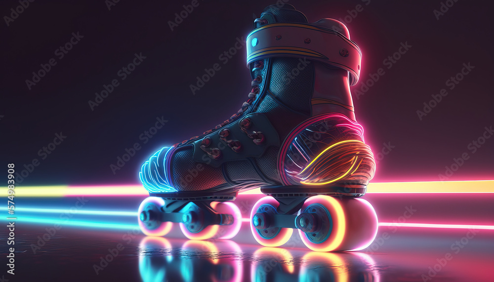 Generative AI, Roller skate in cyberpunk style, disco nostalgic 80s, 90s. Neon night lights vibrant 