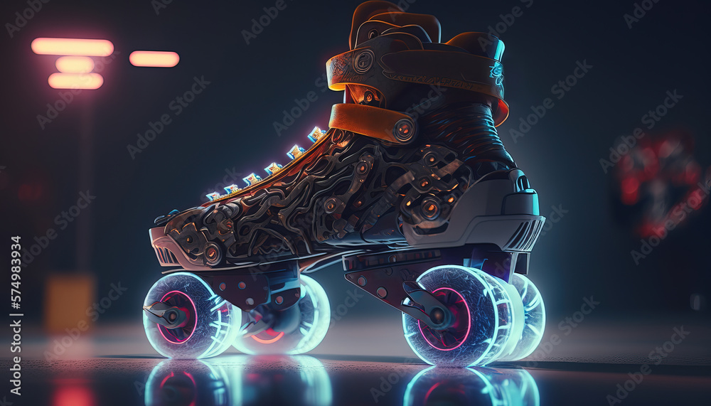 Generative AI, Roller skate in cyberpunk style, disco nostalgic 80s, 90s. Neon night lights vibrant 