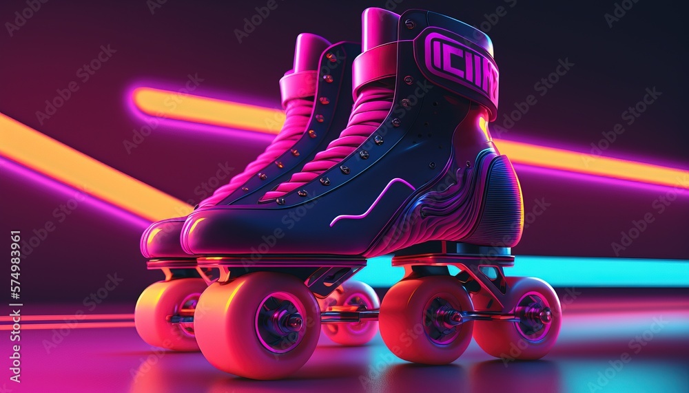 Generative AI, Roller skate in cyberpunk style, disco nostalgic 80s, 90s. Neon night lights vibrant 