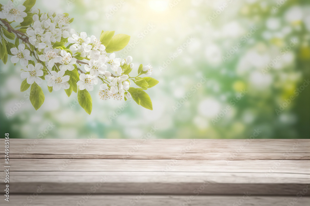 Empty table for product display with flower spring blur background . Sublime Generative AI image .