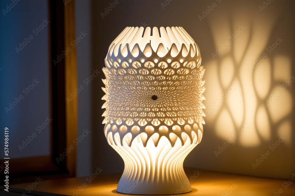 Lamp on bedside table at night prototype by 3D printing technology . Sublime Generative AI image .