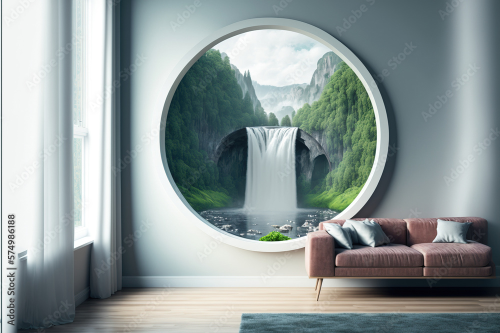 A room with round glass window overlooking beautiful landscape background . Hotel futuristic showroo