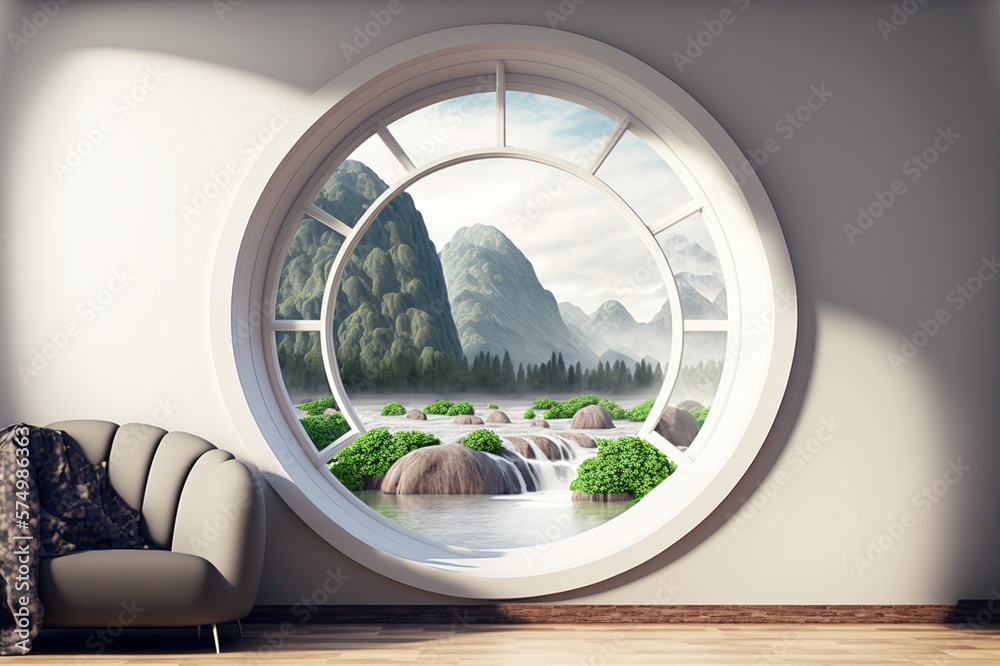 A room with round glass window overlooking beautiful landscape background . Hotel futuristic showroo