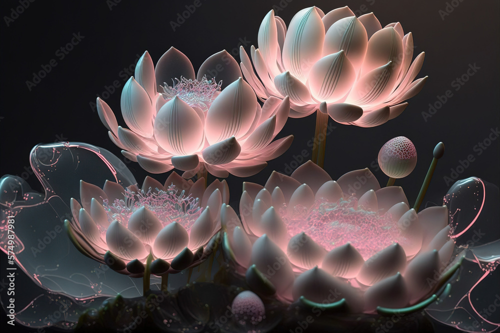 Dreamlike image of light glowing lotus flower or water lily with transparent pink illumination under