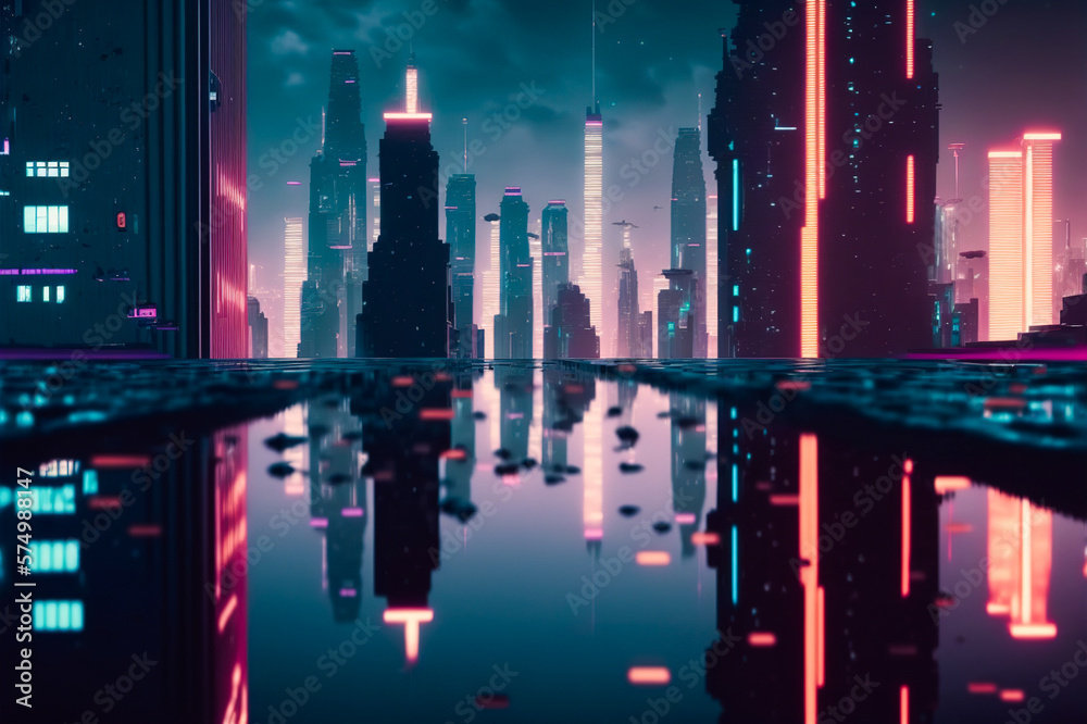 Futuristic city with neon light of pink and blue illuminated city street . Sublime Generative AI ima