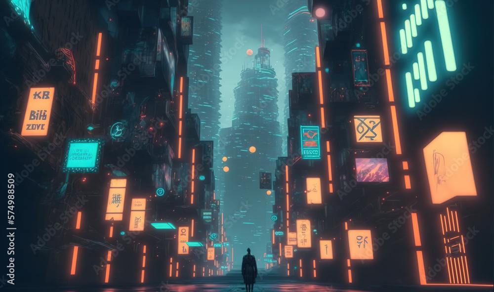 Futuristic city scene with neon light illuminated the dark fictional city street . Sublime Generativ