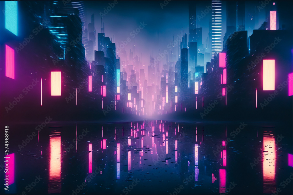 Futuristic city with neon light of pink and blue illuminated city street . Sublime Generative AI ima