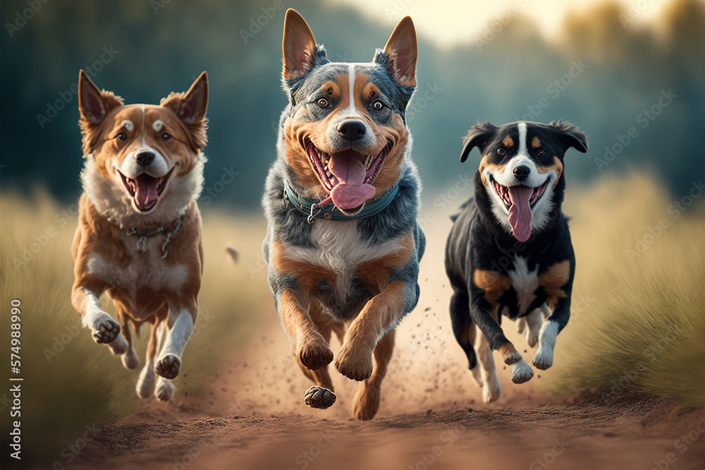 Happy dogs are running towards camera in outdoor activity . Sublime Generative AI image .