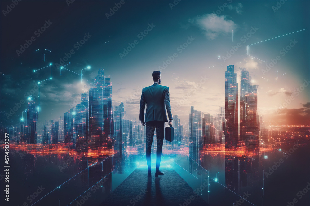 Businessman walking on virtual reality platform to futuristic smart city of opportunity with interne