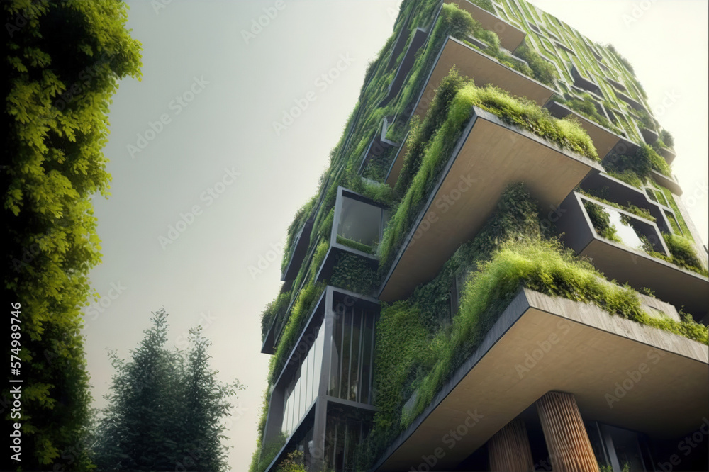 Eco-friendly green building with vertical garden design for sustainability . Sublime Generative AI i