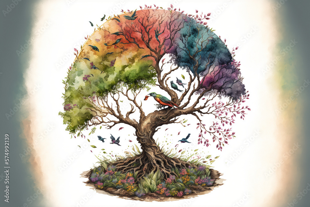 The tree of life in colorful spring watercolor painting style . Sublime Generative AI image .