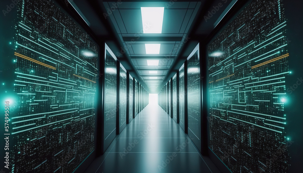 Corridor of data center with racks of server computer for cloud computing data storage , cyber secur