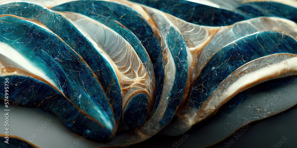 Sedate marco detailed luxurious ocean blue ripple pattern in agate form by alcohol ink. Swirled gold