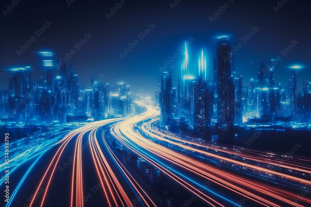 Smart digital city with high speed light trail of cars of digital data transfer . Sublime Generative