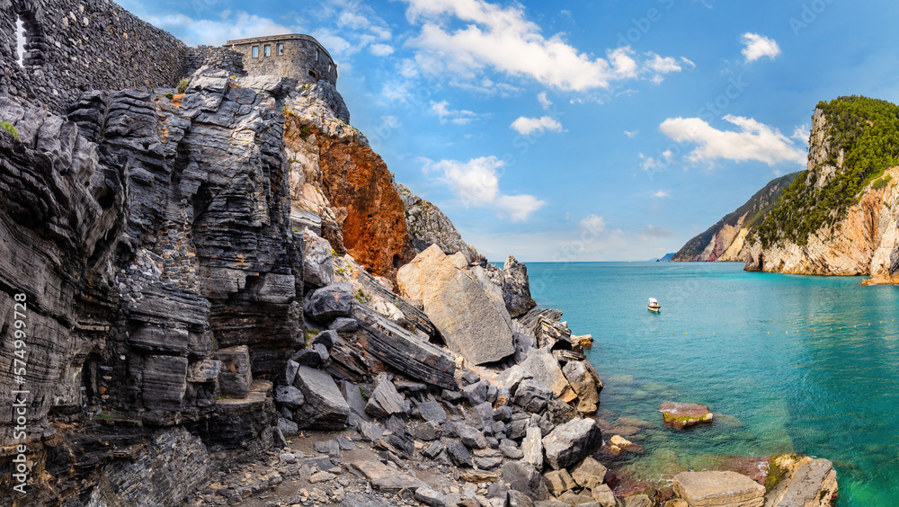 Porto Venere, Italy with church of St. Peter on cliff.