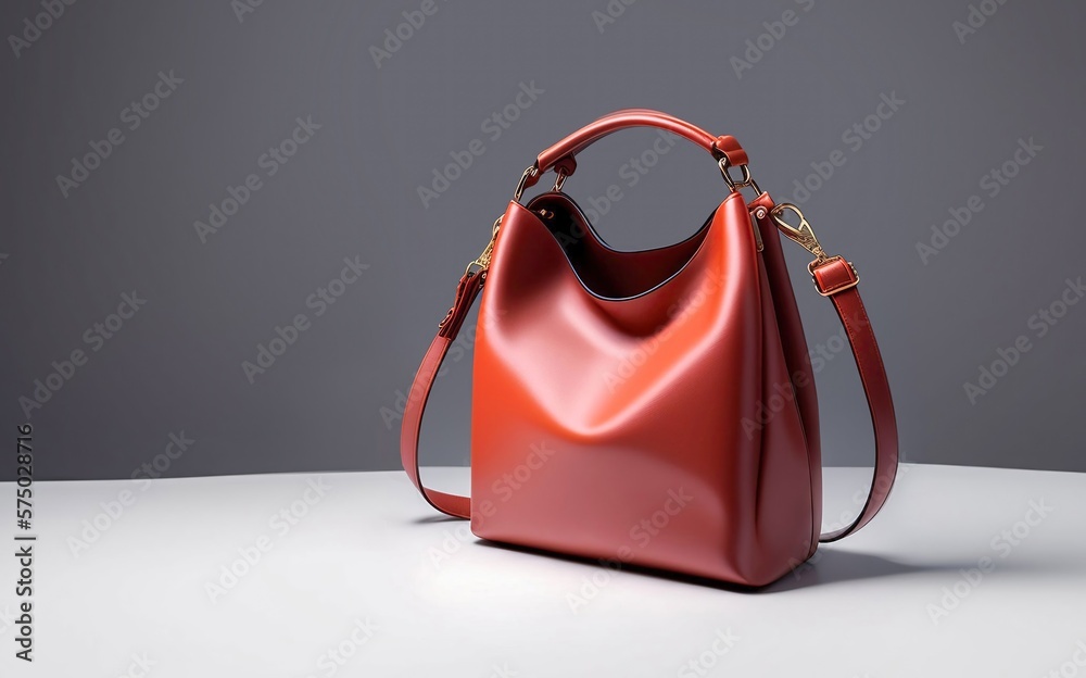 Beautiful trendy smooth youth womens handbag in bright terracotta color on a gray studio background