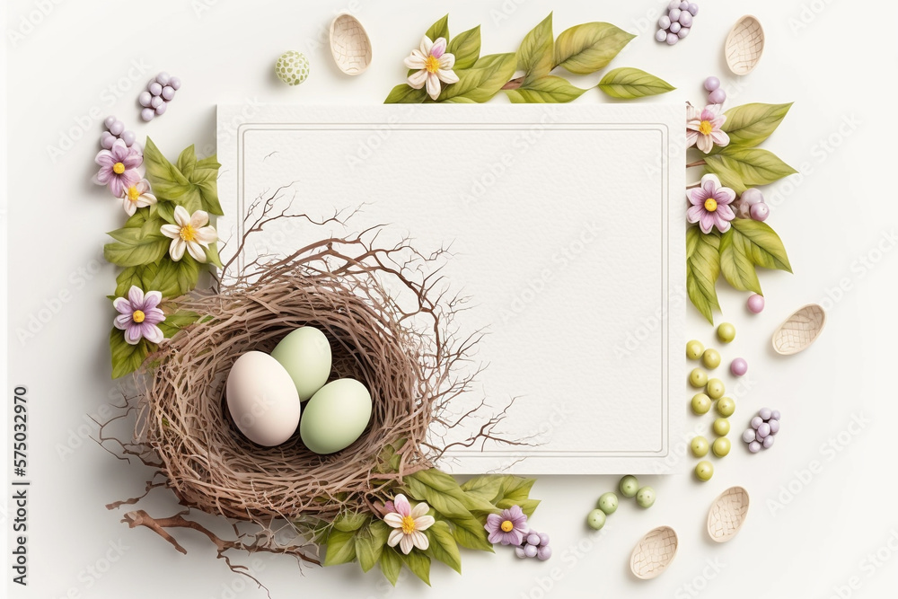 Happy Easter concept with easter eggs in nest and spring flowers. Easter background with copy space,