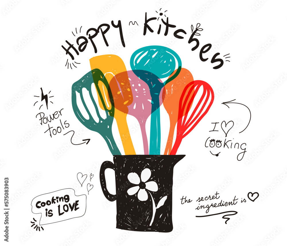 Happy kitchen and love cooking quote colors utensils in doodle illustration