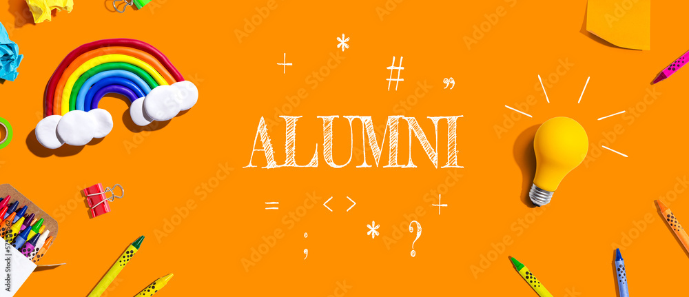 Alumni theme with school supplies overhead view - flat lay