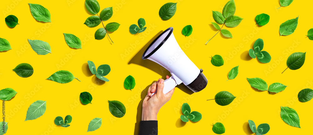 Person holding a megaphone with green leaves - flat lay