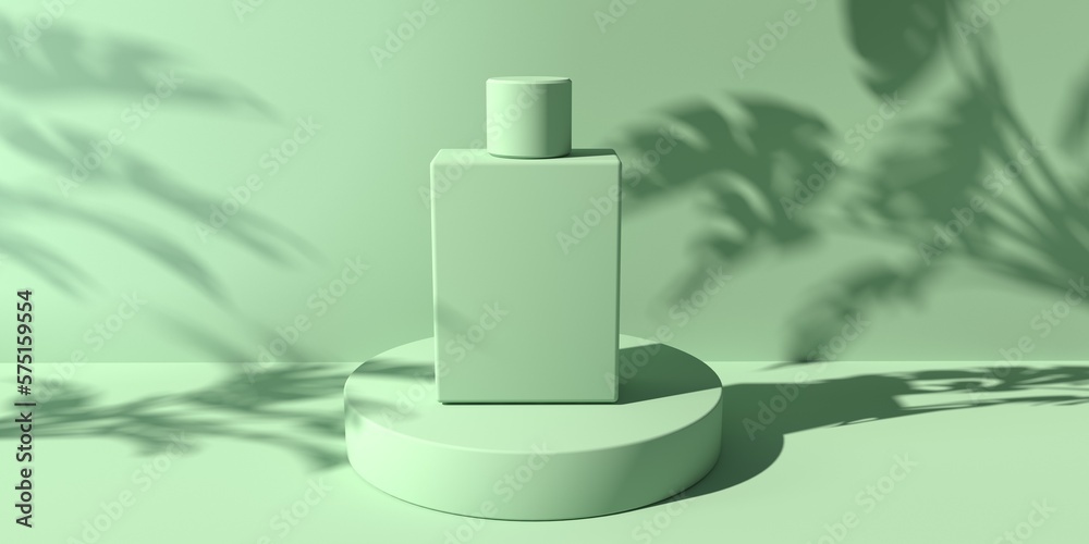 Abstract monochrome 3D render of minimal podium and coosmetic bottle