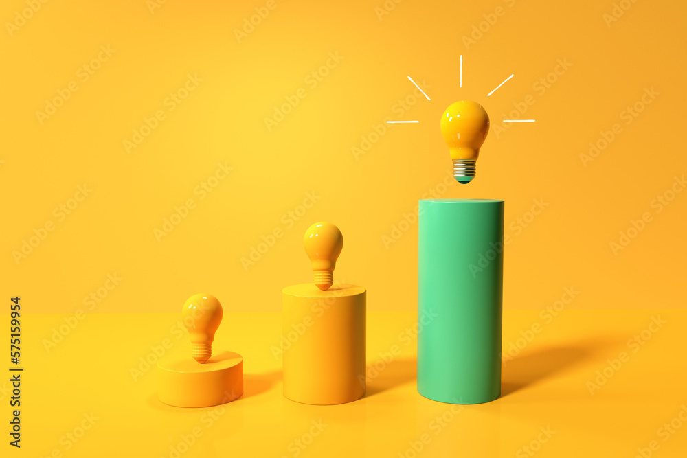 Idea light bulbs on the podiums - 3D render