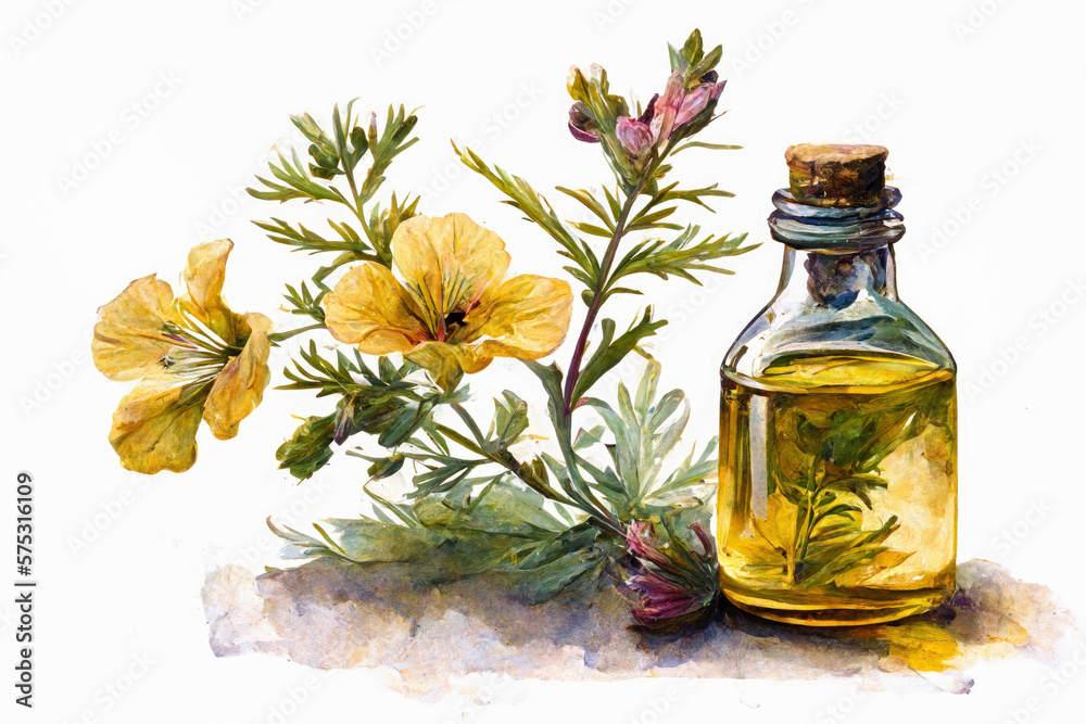 Evening primrose flower and oil watercolor style. Illustration.