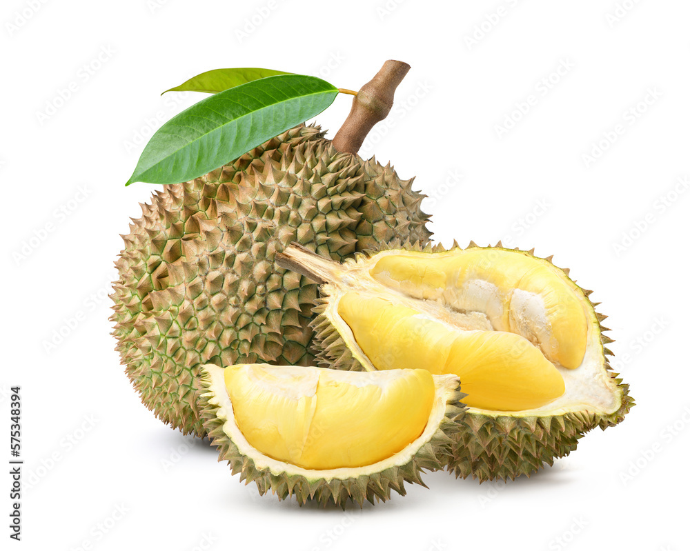 Durian fruit with cut in half isolated on white background. Clipping path.