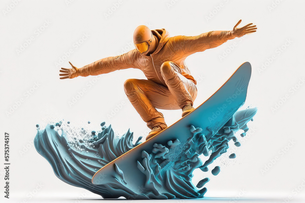 Realistic of a snowboarding on white background. The snowboarder man doing a trick. Carving. 3d illu