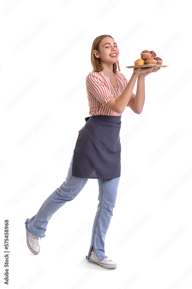 Female baker with tray of tasty cupcakes on white background