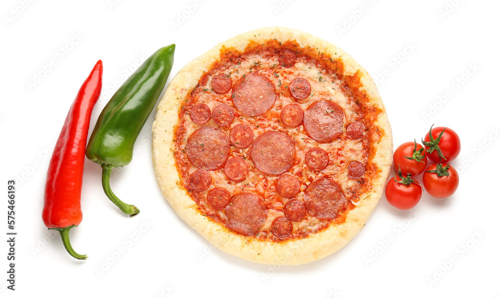 Delicious pepperoni pizza, tomatoes and jalapeno peppers isolated on white background