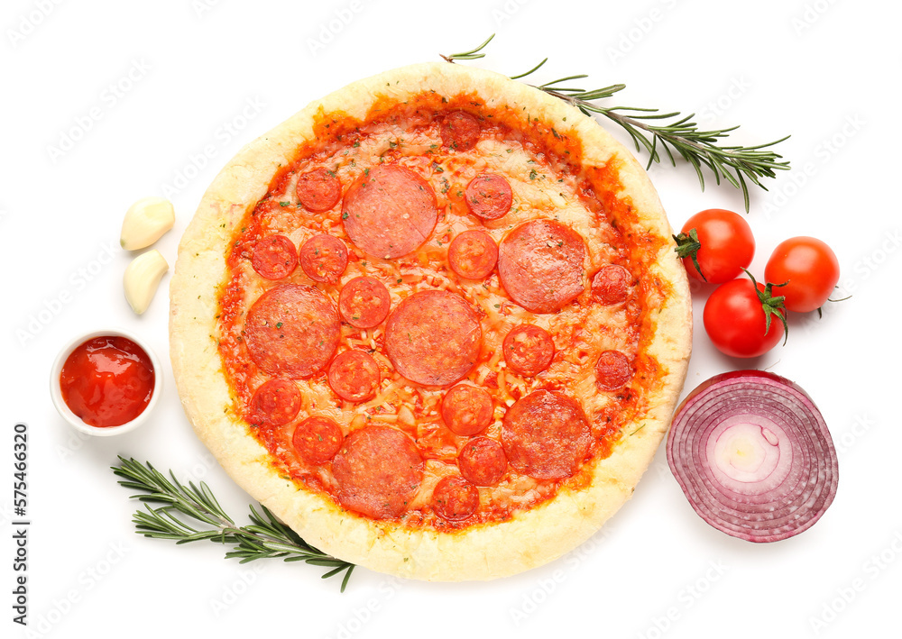 Delicious pepperoni pizza and ingredients isolated on white background