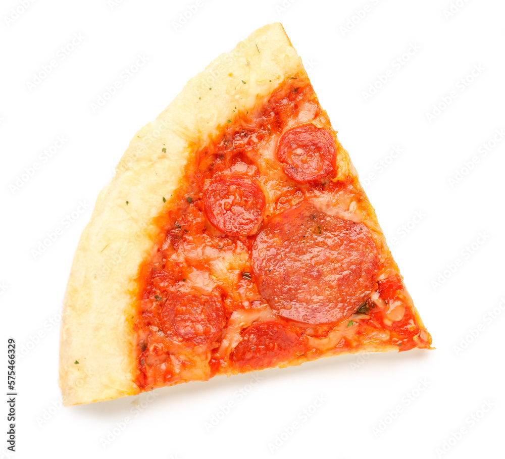 Slice of delicious pepperoni pizza isolated on white background