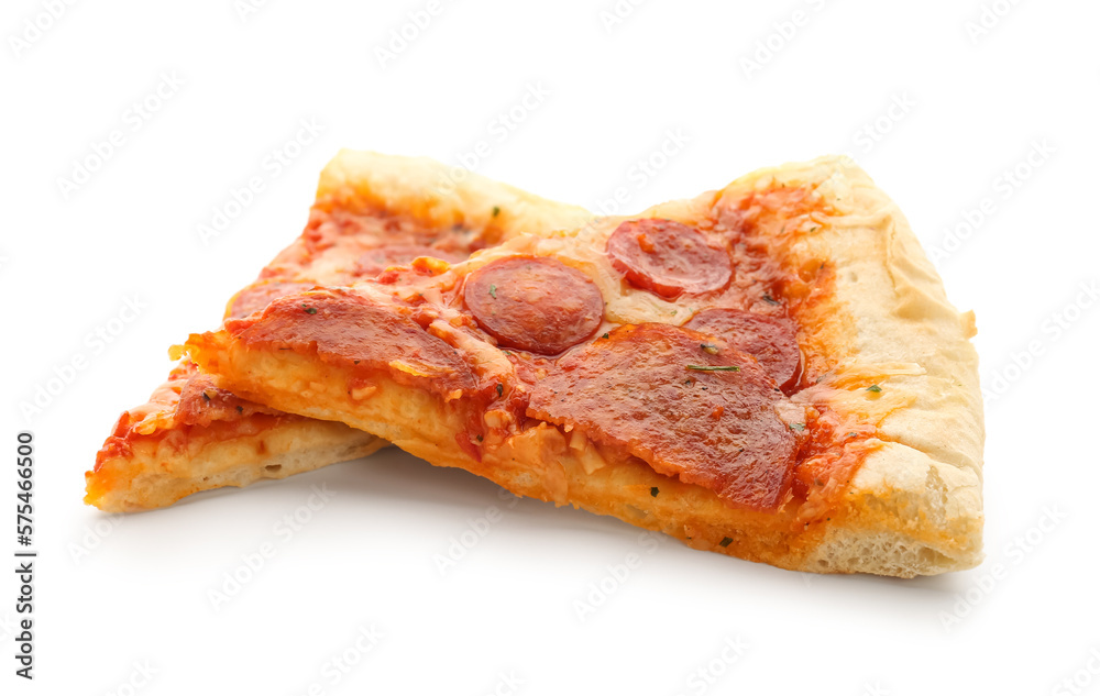 Slices of delicious pepperoni pizza isolated on white background