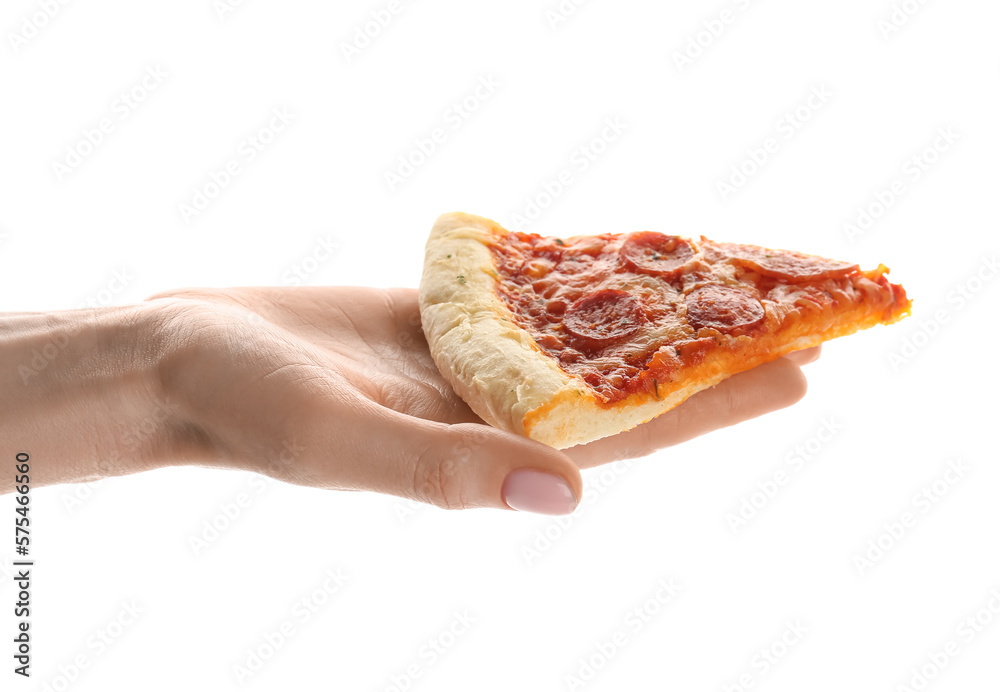 Woman holding slice of delicious pepperoni pizza isolated on white background