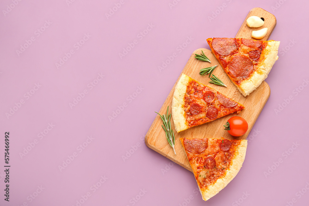 Board with slices of delicious pepperoni pizza, tomato and rosemary on lilac background