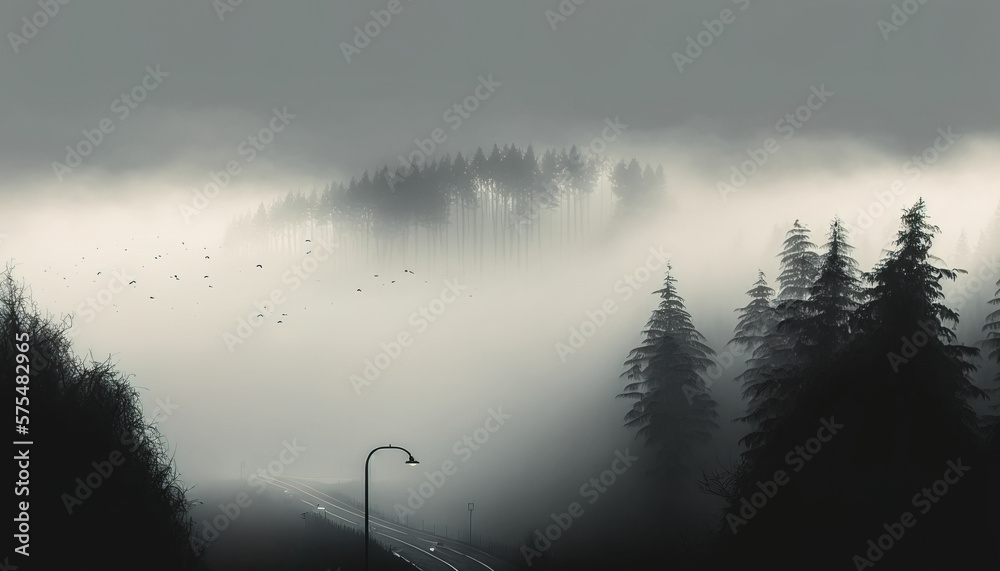 Natural background - Find Peace and Tranquility in the Moody Silence of a Foggy Spring Forest - ai g