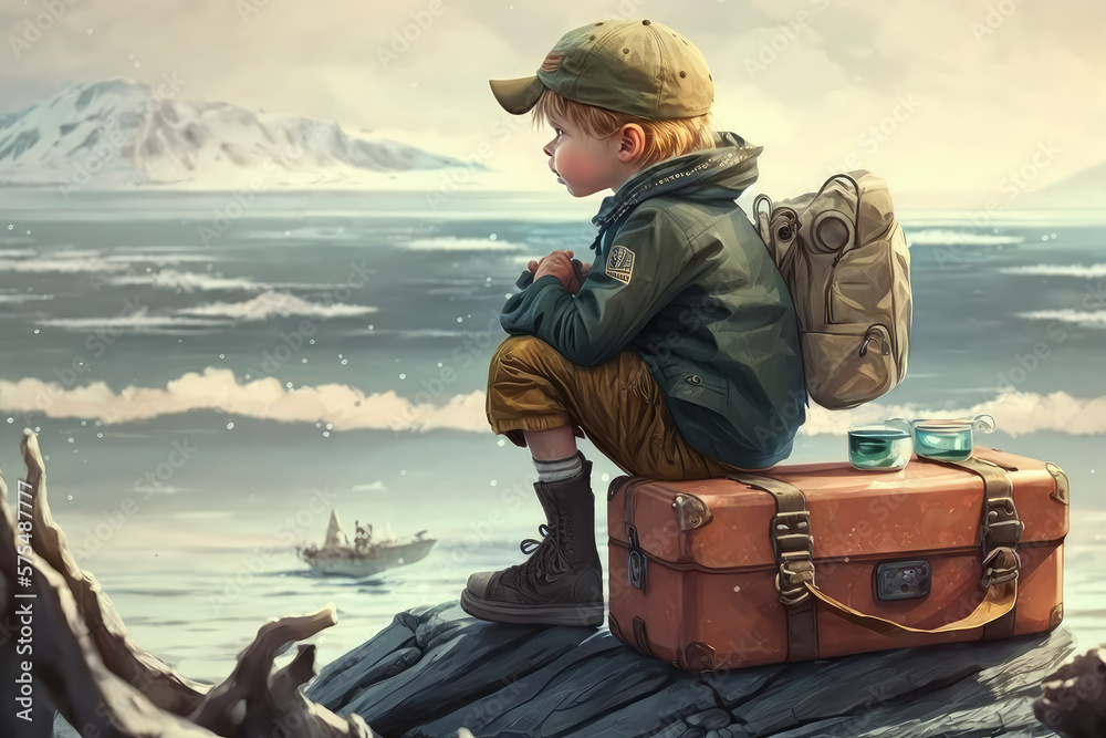 illustration painting of a boy looking and waiting the boat in the sea against sky, digital art styl