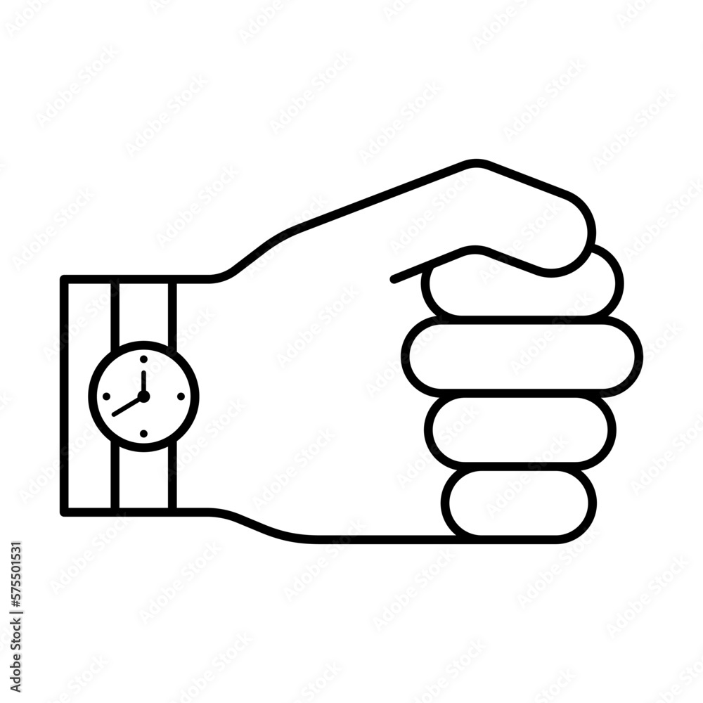 Drawn human hand with wristwatch on white background