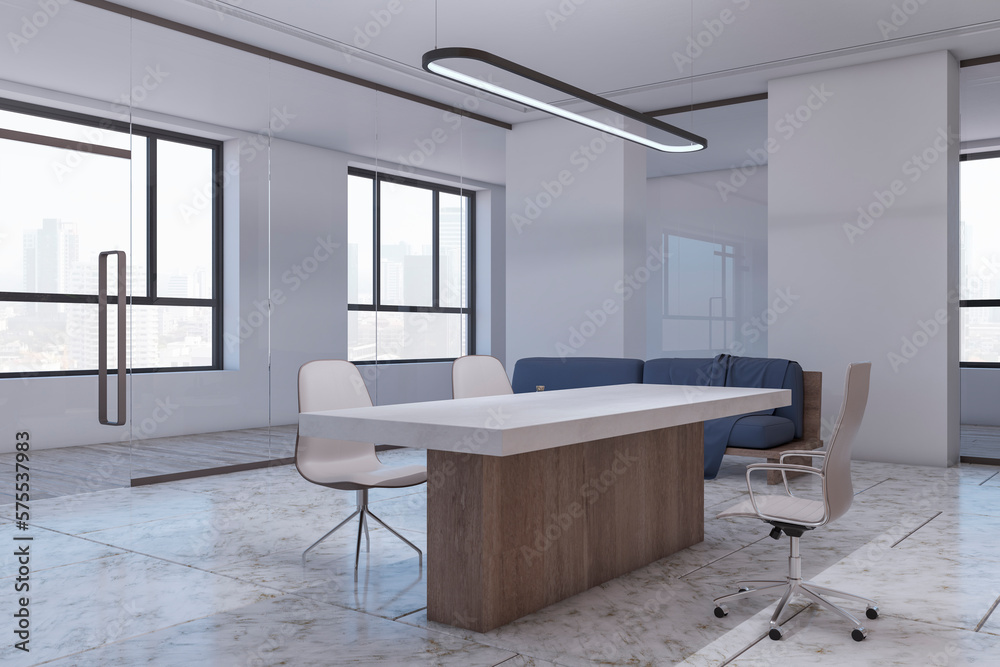 Modern light office interior with furniture and equipment. Workplace concept. 3D Rendering.