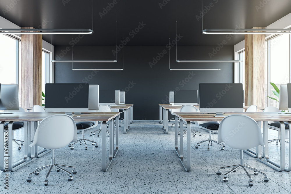 Modern coworking office room interior with furniture, equipment and window with city view. 3D Render